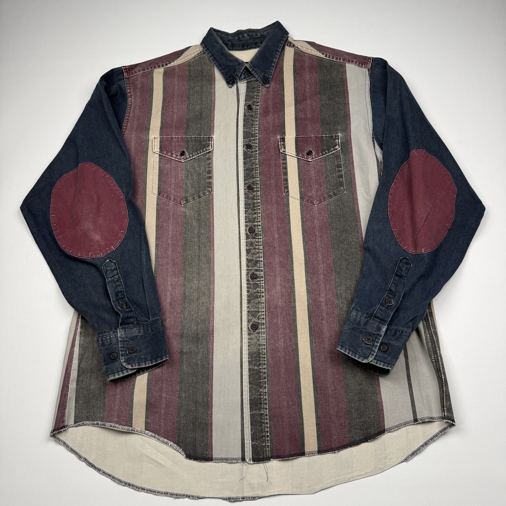 Vintage Wrangler Shirt Mens XL Brushpopper Stripe Long Sleeve Button Elbow Patch